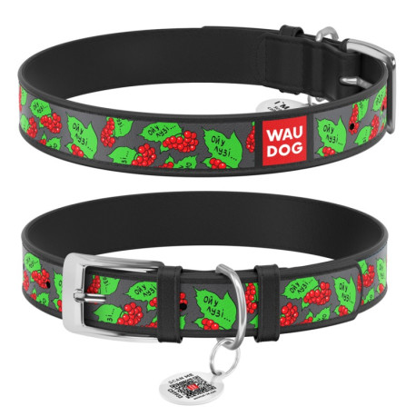 Collar Waudog Design Ошейник для собак кожаный c QR паспортом Калина черный