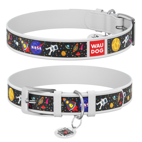 Collar Waudog Design Нашийник для собак шкіряний з QR паспортом NASA білий