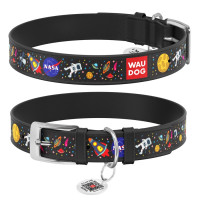 Collar Waudog Design Ошейник для собак кожаный c QR паспортом NASA черный