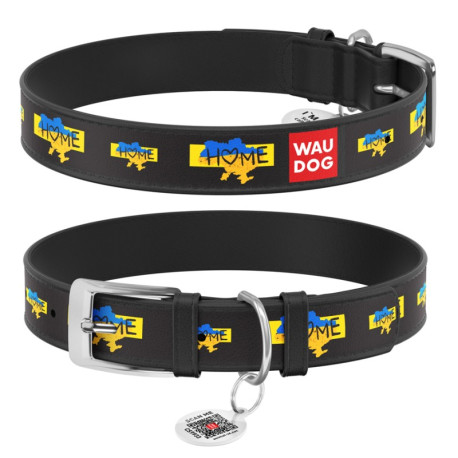 Collar Waudog Design Ошейник для собак кожаный c QR паспортом Дом черный