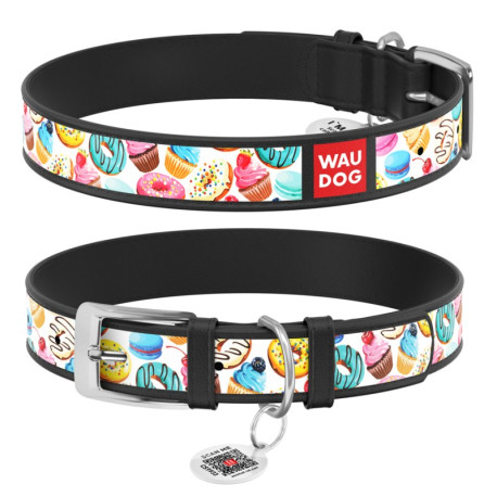 Collar Waudog Design Ошейник для собак кожаный c QR паспортом Пончики черный