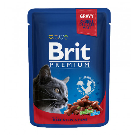 Brit Premium Cat Adult Pouch Консерви для дорослих кішок з тушкованою яловичиною та горошком у соусі