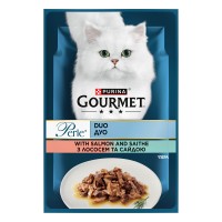 Gourmet Perle Консервы для взрослых кошек с лососем и сайдой в подливе