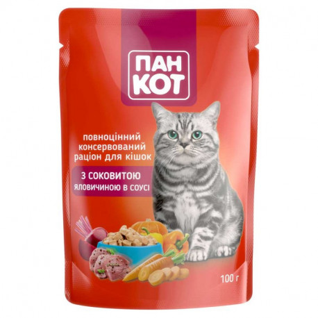 Пан Кот Консервы для взрослых кошек с сочной говядиной в соусе