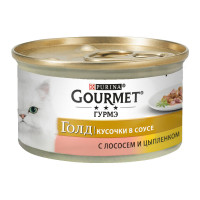 Gourmet Gold Консерви для дорослих кішок з лососем та курчам шматочки у підливі