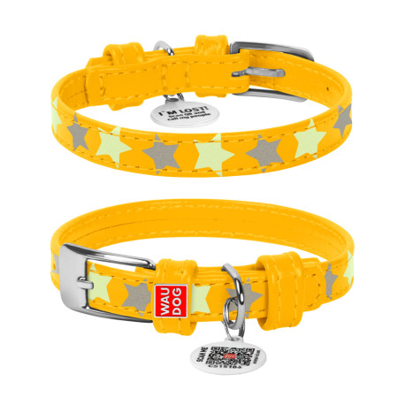 Collar Waudog Glamour Нашийник для собак шкіряний світловідбиваючий Зірочка жовтий