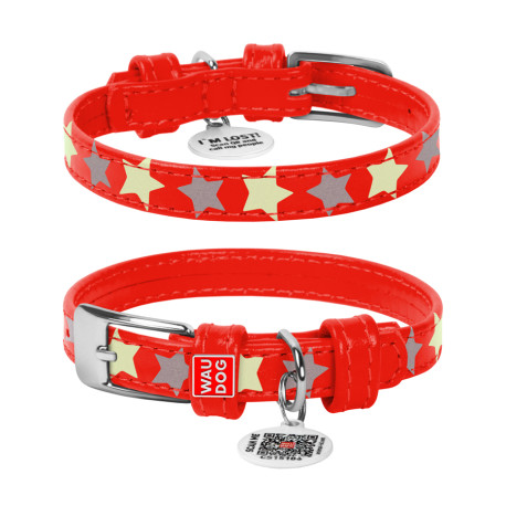 Collar Waudog Glamour Ошейник для собак кожаный светоотражающий Звездочка красный