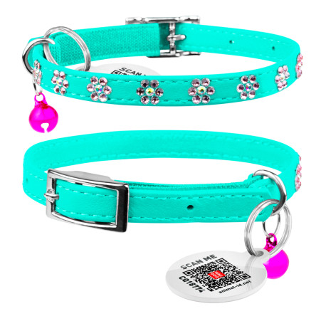 Collar Waudog Glamour Нашийник для котів з гумкою та клейовими стразами Квіточка ментолова