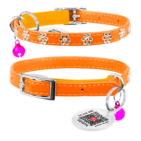 Collar Waudog Glamour Нашийник для котів з гумкою та клейовими стразами Квіточка помаранчева