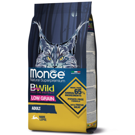 Monge BWild Low Grain Adult Cat Hare Низкозерновой сухой корм для взрослых кошек с мясом зайца 