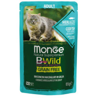 Monge Cat Wet Bwild Grain Free Консервы беззерновые для кошек больших пород кусочки в соусе с треской креветками и овощами