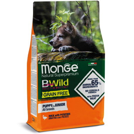 Monge Dog Bwild Grain Free Puppy & Junior Duck Беззерновой сухой корм для щенков всех пород с уткой