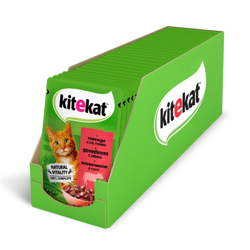 Kitekat Natural Vitality Консервы для взрослых кошек с говядиной в соусе в пауче