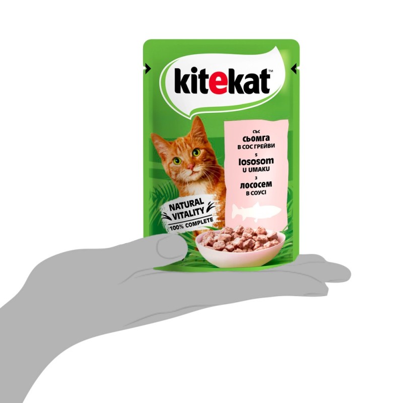 Kitekat Natural Vitality Консервы для взрослых кошек с лососем в соусе в пауче