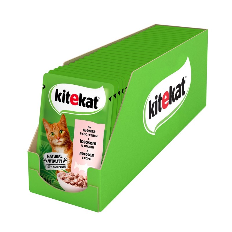 Kitekat Natural Vitality Консервы для взрослых кошек с лососем в соусе в пауче