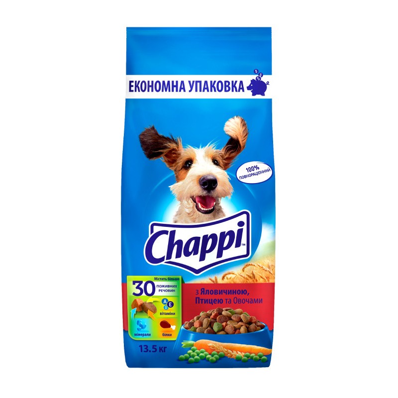 Chappi Сухой корм для взрослых собак с говядиной птицей и овощами