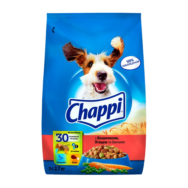 Chappi Сухой корм для взрослых собак с говядиной птицей и овощами
