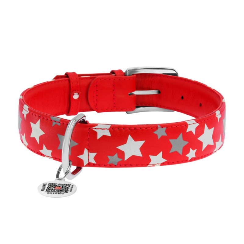 Collar Waudog Glamour Ошейник для собак кожаный светоотражающий Звездочка красный