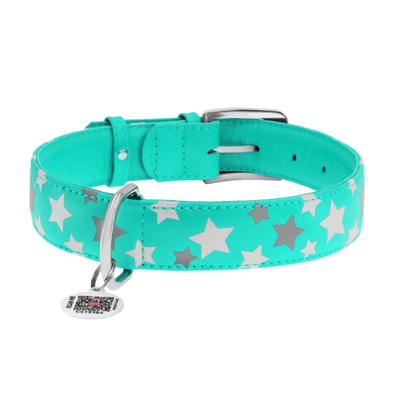Collar Waudog Glamour Ошейник для собак кожаный светоотражающий Звездочка ментоловый