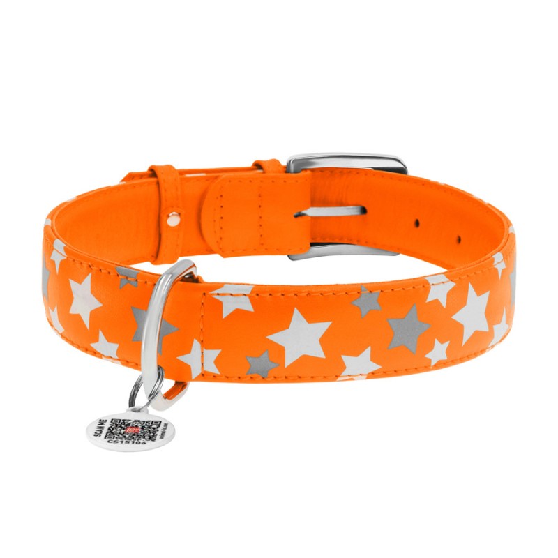 Collar Waudog Glamour Ошейник для собак кожаный светоотражающий Звездочка оранжевый