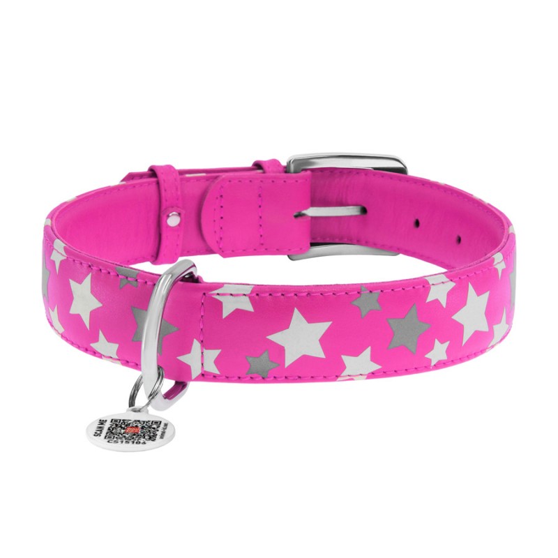 Collar Waudog Glamour Ошейник для собак кожаный светоотражающий Звездочка розовый