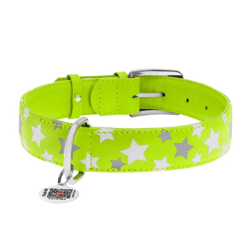 Collar Waudog Glamour Ошейник для собак кожаный светоотражающий Звездочка салатовый