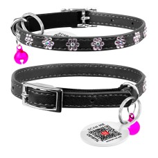 Collar Waudog Glamour Ошейник для котов с резинкой и клеевыми стразами Цветочек черный