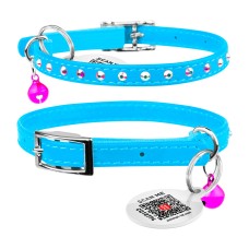 Collar Waudog Glamour Ошейник для котов с резинкой и клеевыми стразами голубой