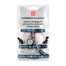 Collar Waudog Nylon Шлея с поводком для котов и мелких собак нейлоновая c QR паспортом Этно синий