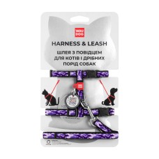 Collar Waudog Nylon Шлея с поводком для котов и мелких собак нейлоновая c QR паспортом Фиолетовый камо