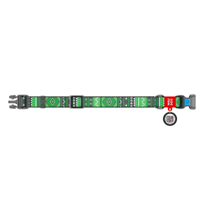 Collar Waudog Nylon Ошейник для собак нейлоновый c QR паспортом пластиковая пряжка-фастекс Этно зеленый