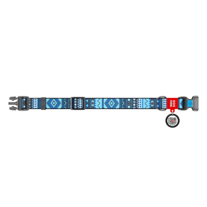 Collar Waudog Nylon Ошейник для собак нейлоновый c QR паспортом пластиковая пряжка-фастекс Этно синий
