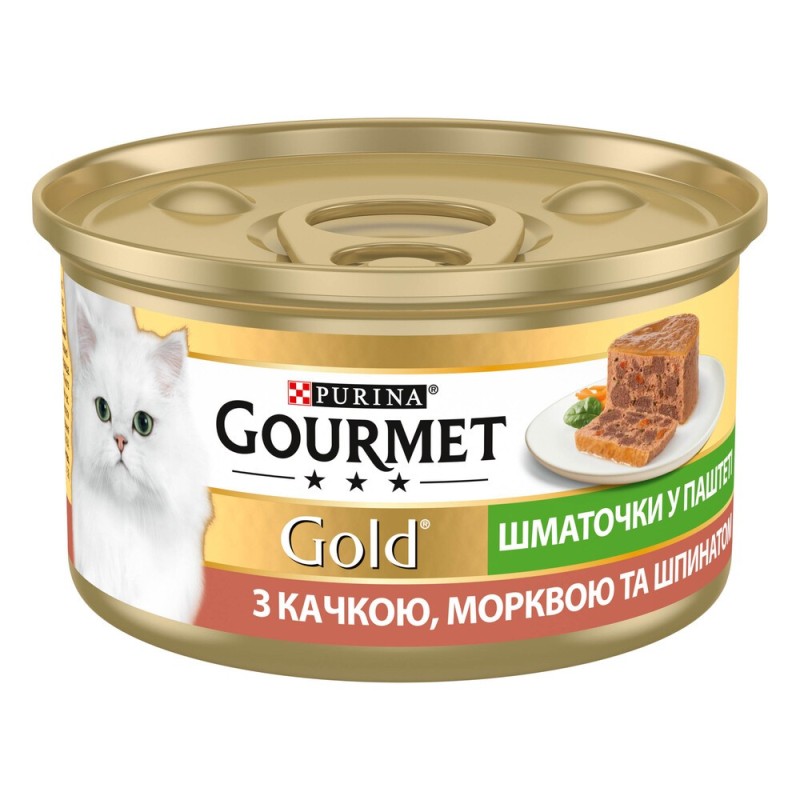 Gourmet Gold Консерви для дорослих кішок з качкою морквою та шпинатом шматочки в паштеті