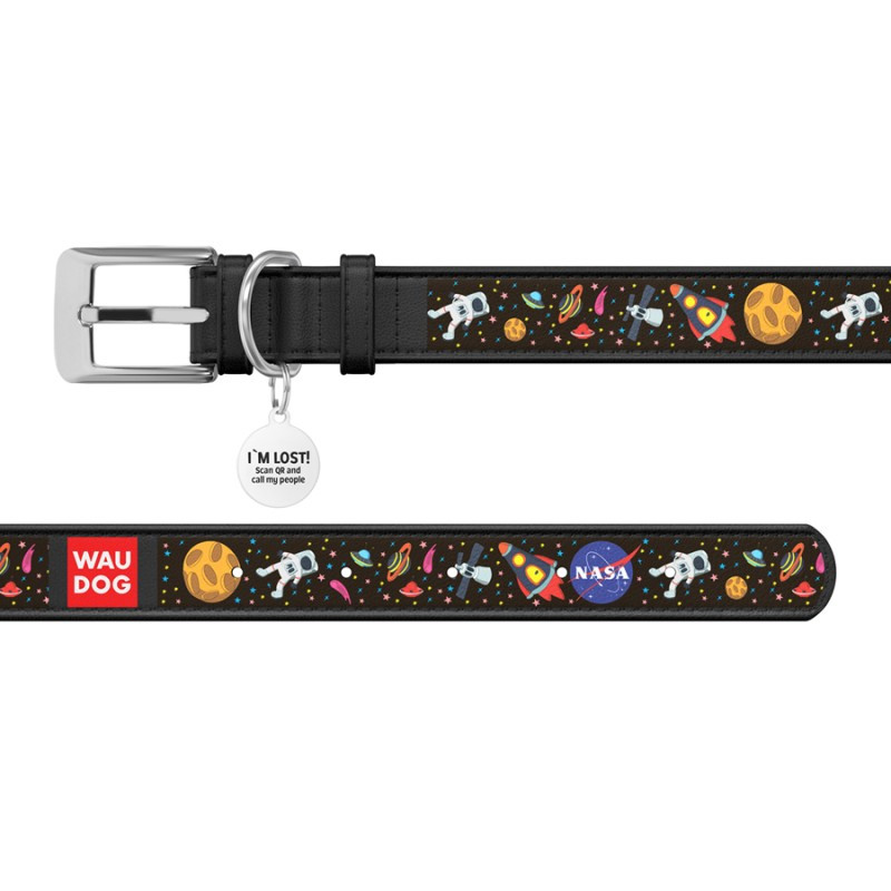 Collar Waudog Design Нашийник для собак шкіряний з QR паспортом NASA чорний