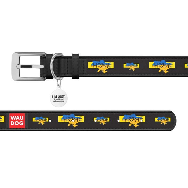 Collar Waudog Design Ошейник для собак кожаный c QR паспортом Дом черный