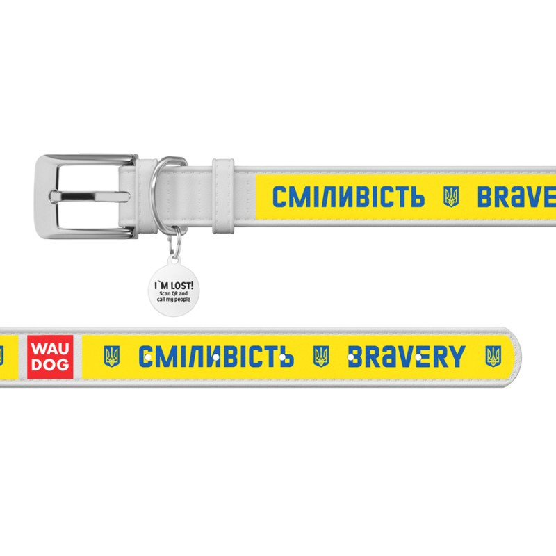 Collar Waudog Design Ошейник для собак кожаный c QR паспортом Смелость белый
