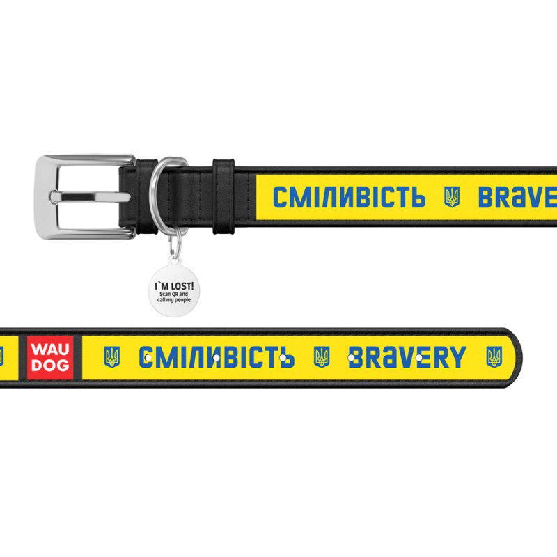 Collar Waudog Design Ошейник для собак кожаный c QR паспортом Смелость черный
