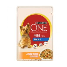 Purina One Mini Adult Консервы для взрослых собак мелких пород с курицей морковью и зеленой фасолью в соусе