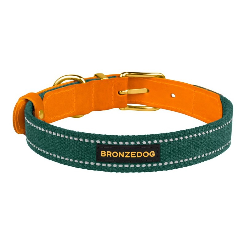 Bronzedog Сotton Ошейник для собак рефлекторный х/б + кожа зеленый