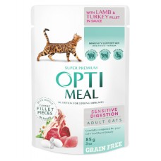 Optimeal Cat Adult Беззерновые консервы для взрослых кошек с чувствительным пищеварением с ягненком и индейкой в соусе