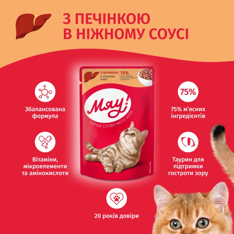 Мяу Консерви для дорослих кішок з печінкою у ніжному соусі