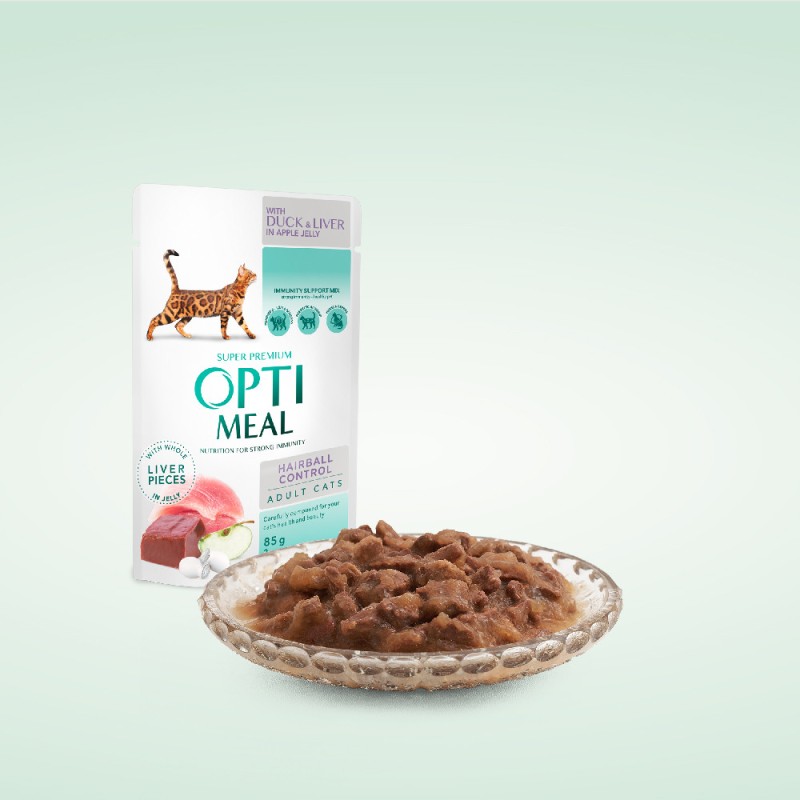 Optimeal Cat Adult Консервы для взрослых кошек с эффектом выведения шерсти с уткой и кусочками печени в яблочном желе